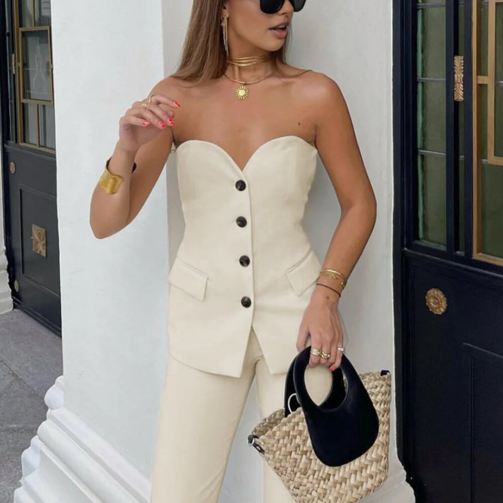 Cream/Beige Sweetheart Button Tube Top Size S